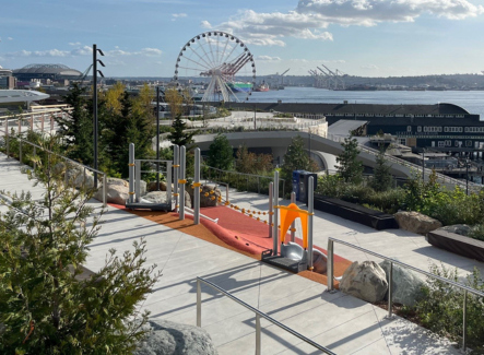 View of Seattle's Overlook Walk from Pike Place Market MarketFront facing south.